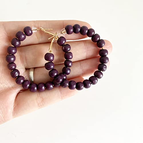Handmade Nature Wooden Beaded Hoop Earrings Bohemian Minimalist Colorful Circle Round Wood Bead Earrings Vintage Chic Wooden Ethnic Dangle Drop Earrings for Women Statement Jewelry Gifts - color: Dark Purple