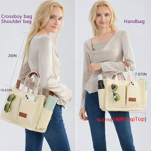 ZHMO Canvas Tote Bag for Women,Women's Bags Crossbody Bags Work Laptop Tote Bag Large Handbags Purse for Travel Nurse Teacher - color: New Upgrade Beige With Compartments and Side Cup Holders