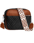 Vantamo Premium Quilted Crossbody Bags for Women with Anti-Pickpocket Clip, Vegan Leather Handbags, Travel Purses for Women - color: Shoulder Bag Onyx & Brown Jacquard Strap