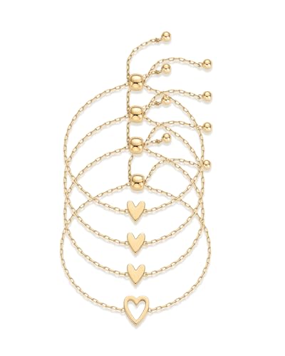 PAVOI 14K Gold Plated Matching Heart Charms Solitaire Bracelet Set for Women | Adjustable Valentines Day Love Friendship Two Bracelet Pack - style: 4-Piece Set
