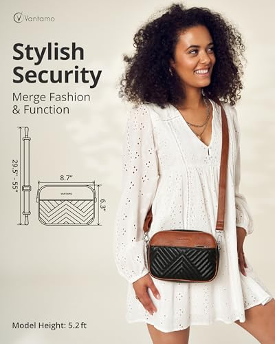 Vantamo Premium Quilted Crossbody Bags for Women with Anti-Pickpocket Clip, Vegan Leather Handbags, Travel Purses for Women - color: Black & Brown With Faux Leather Strap