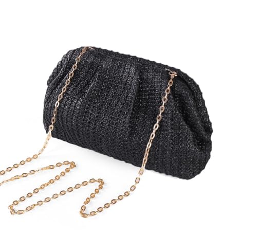 Huralona Women Straw Woven Clutch Purse Pleated Handbag for Summer Beach Vacation Straw Shoulder Crossbody Bag - color: Black