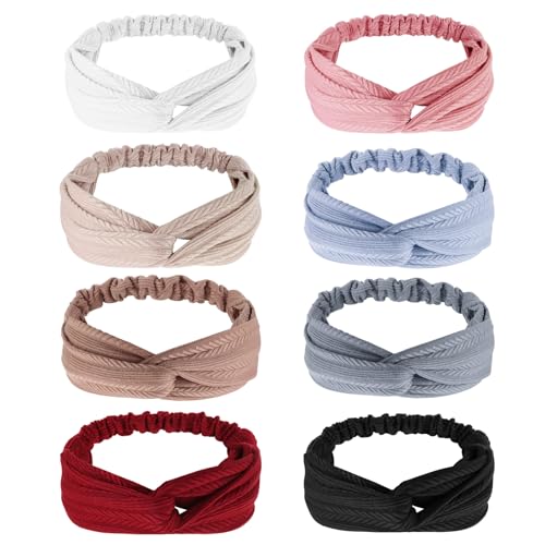AQOKKA Elastic Knotted Headbands for Women Wheat Pattern Cloth Head Hair Bands for Women's Hair Non Slip Boho Wrap Twisted Hair Accessories - color: 8 Pack Cross Wheat-pattern Elastic Band G