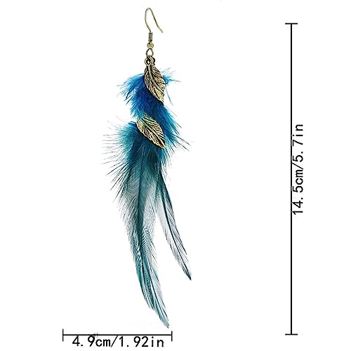 Bohemian Handmade Natural Long Feather Dangle Earrings for Women Multicolor Tassel Feathers Dangle Drop Earrings Vintage Bohemian Earrings Boho Feather Earrings - color: Blue