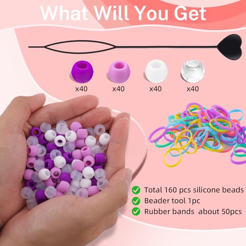 160Pcs 10mm Small Silicone Beads for Hair Braids, Soft Jellyish Pony Hair Beads with 5mm Hole + 50 Rubber Bands and 1 Beader for Braiding, DIY Bracelets Necklaces Crafts (Purple) - color: Purple Mix-160Pcs