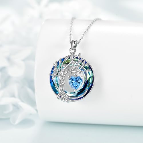 POPLYKE Mothers Day Gifts for Mom Her Wife Tree of Life Necklace 925 Sterling Silver Birthstone Pendant with Crystal Anniversary Birthday Wedding Jewelry for Women - color: 12-Dec-Blue Topaz, style: White Gold Plated-Blue Crystal