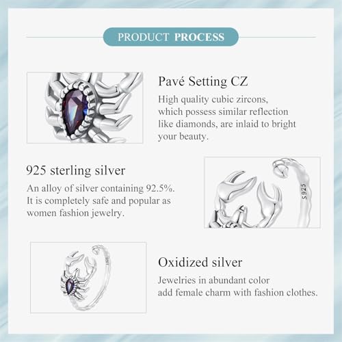 BISAER 925 Sterling Silver Ring Adjustable Cute Unique Cat Snake Butterfly Dragonfly Fashionable Ring For Women Jewelry - color: Purple Scorpion