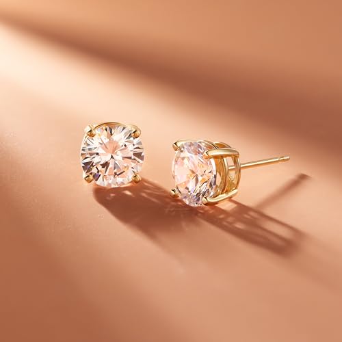 Amazon Essentials Plated Sterling Silver Cubic Zirconia Stud Earrings (Round & Princess) - color: White/Yellow Gold, size: 8.5 mm, style: Round Cut
