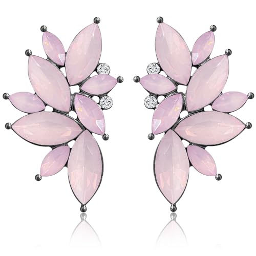 Bohemian Statement Sparkly Colourful Fancy Rhinestone Crystal Flower Dangle Drop Stud Earrings Vintage Wedding Bridal Prom Earrings for Women - color: Light Pink