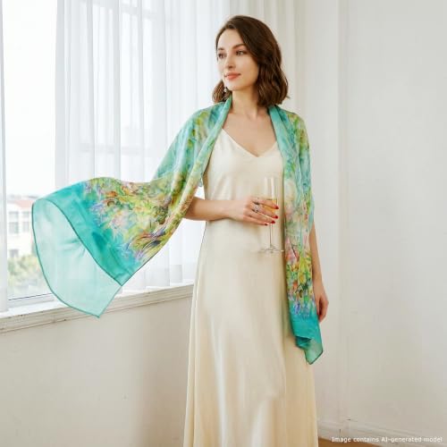 100% Mulberry Silk Women's Neck Silk Scarf-Lightweight Shawl,FLoral Print Beach Silk Wrap-Scarves for Photography - color: Lake Green