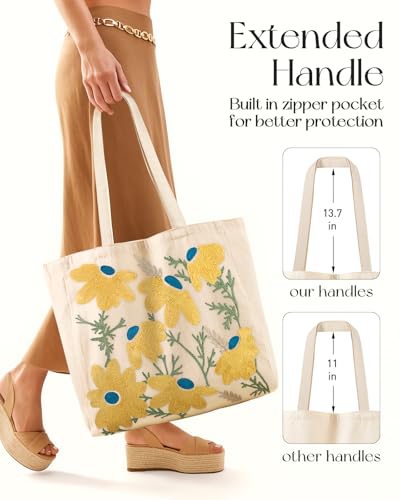 Miss Adola Embroidery Tote Bag with Pocket & Buckle - Reusable Canvas Tote for Women Cute Aesthetic Work Shopping Grocery Bag - style: Daisy