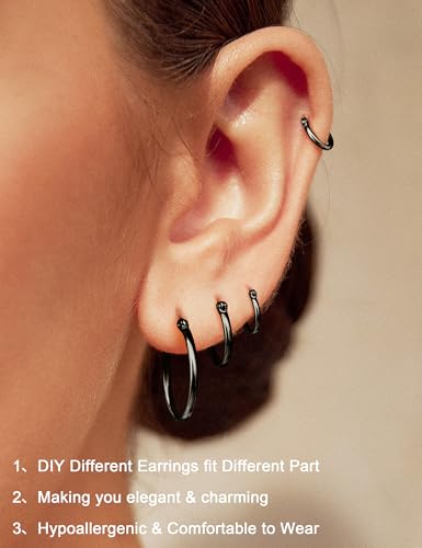 ORAZIO 4 Pairs Stainless Steel Hoop Earrings Set Cute Huggie Earrings for Women,10MM-20MM - style: D: Black-tone,4 pairs