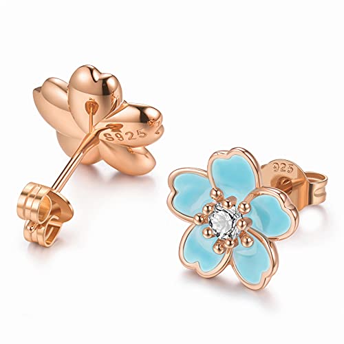 Pink Flower Earrings for Women, 925 Sterling Silver Stud Earrings, Cute Plumeria Earrings For Women, Cherry Blossom Hypoallergenic Stud - color: *Blue