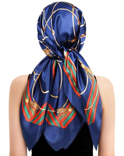Soft Headbanf Wrap Cap & Silk Like Satin Scarf Combo - 2 in 1 Silk Press Wrap for Hair, Sleeping & Travel - color: Navy Lines