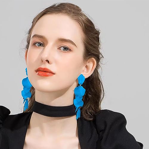 Long Acrylic Rose Petal Earrings Dangle Exaggerated Flower Earrings Drop Statement Floral Tassel Earrings for Women - color: Sky Blue