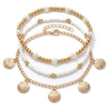 Gold White Beads Shell Pendant Layered Anklet Set for Women, Boho Handmade 3Pcs Golden Beaded Pearl Anklets Summer Beach Ocean Accessories Jewelry Gift