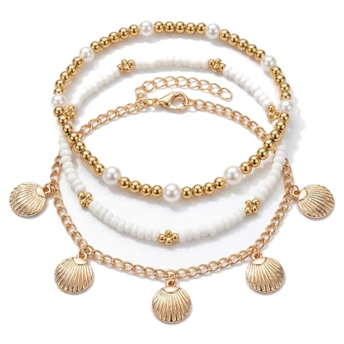 Gold White Beads Shell Pendant Layered Anklet Set for Women, Boho Handmade 3Pcs Golden Beaded Pearl Anklets Summer Beach Ocean Accessories Jewelry Gift