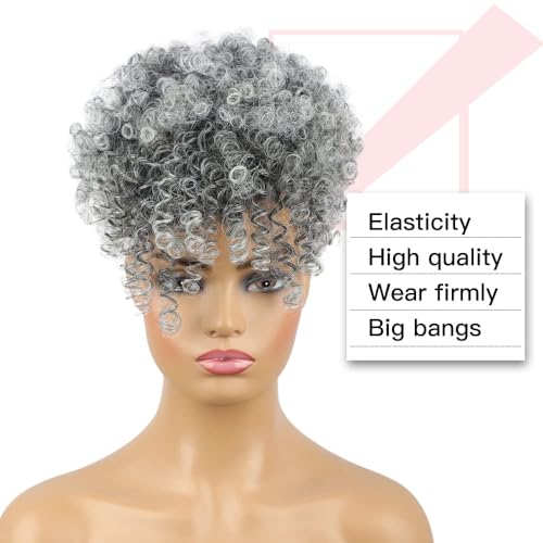 Drawstring Ponytail with Bangs Afro Puff Ponytail Extensions for Women Short Curly Puff Ponytail with Bangs Clip in Wrap Updo Hairpiece for Women (T-gray)… - color: T-gray