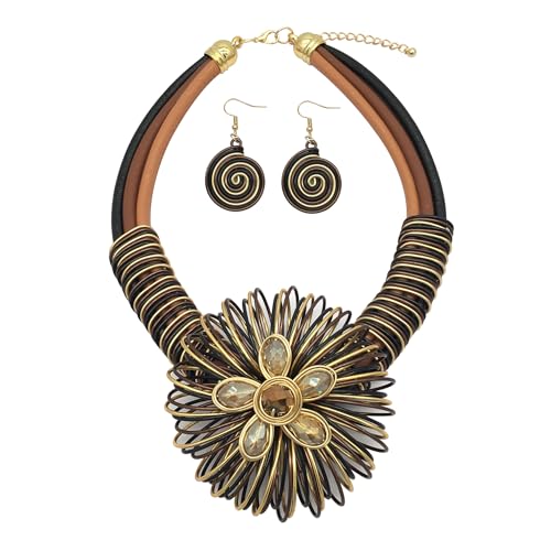 Statement African Necklace For Women African Jewelry Costume Earring Sets Tribal Fashion Colorful Big Rhinestone Crystal Pendent Collar Choker Bold Chunky Bib Handmade - color: Flower Brown