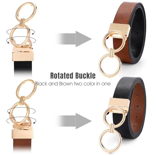 JASGOOD Women Leather Belt,Reversible Belt,Leather Waist Belt for Jeans Dress with Gold Double O Ring Rotate Buckle - color: E-black+brwon(shinny Silver Buckle), size: Length 49":Fit Size 44"-48"
