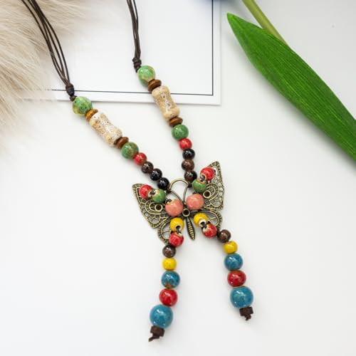 Boho Colorful Ceramic Bead Necklace for Women, Butterfly Pendant Necklace, Handmade Bohemian Statement Jewelry Gifts for Mom - color: Multi
