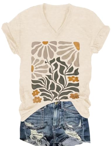 Vintage Boho Tops for Women V-Neck Flowers Shirt Spring Graphic Tees Floral Print Summer Casual Short Sleeve Tshirt Top - color: Apricot6, size: XX-Large