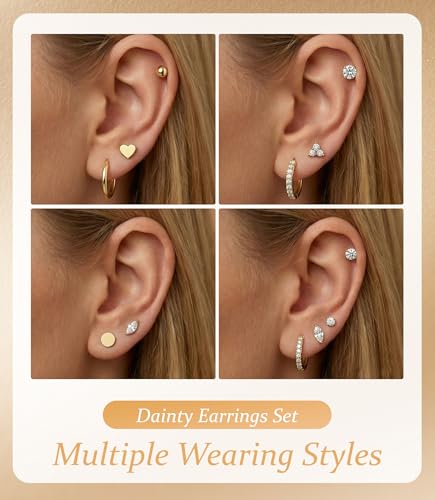 Incaton Hypoallergenic Flat Back Earrings for Women Silver 14K Gold Plated Surgical Stainless Steel Stud Earrings Cubic Zirconia Cartilage Studs Earrings For Multiple Piercing Sensitive Ears - color: 2-GOLD