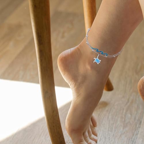 YFN Wave Anklet 925 Sterling Silver Ocean Wave Layered Ankle Bracelet Wave Beach Jewelry for Women Gifts - style: Wave Turtle Anklet