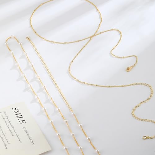 MFRYK 2PCS 14K Gold Plated Waist Chain Layered Pearl Cuban Beaded Satellite Figaro Belly Body Chain Boho Beach Waist Chains For Women Adjustable Waterproof Sexy Bikini Body Chain Jewelry For Women - style: Pearl Satellite Layered-Gold