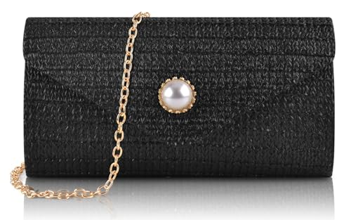 PACETAP Straw Clutch Purse for Women, Pearl Decoration Boho Crossbody Bags, Evening Clutch Purses Handbags for Wedding Party Cocktail Prom Dinner(Black) - color: Straw Black