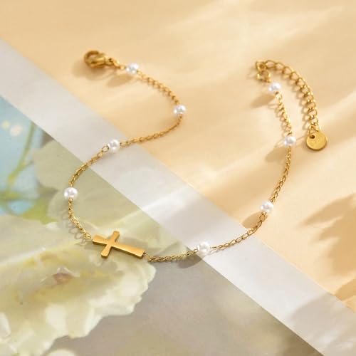 Cross Anklets for Women, 18K Gold Plated Dainty Ankle Bracelets with Colorful Beads Pearl Anklet, Adjustable Religious Christian Satellite Cross Chain, Waterproof Boho Summer Beach Jewelry - style: Pearl Cross Anklet-Gold