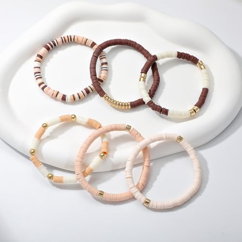 GOOJIDS Surfer Heishi Clay Bead Bracelets for Women Bohemian Stackable Gold Plated Beaded Stretch Bracelets Elastic Layering Friendship Bracelets Set Boho Jewelry - color: B-New Brown Color D