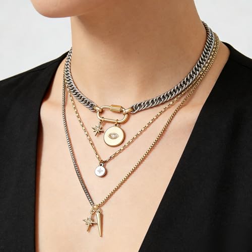 Gold Layered Necklaces for Women,Tone Mixed Necklace Chain,Chunky Paperclip Chain Silver Coin Pendant,Trendy Statement Jewelry Gift