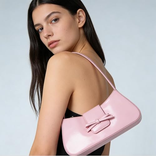 Shoulder Bags for Women Coquette Bow Purse Y2k Bag Small Cute Purses Mini Hobo Handbag Faux Leather Shoulder Purse - color: Pink
