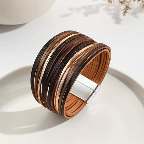 Long tiantian Boho Bracelets for Women Western Jewelry for Women Leather Wrap Bracelets Stackable Bangle Western Outfit for Women - color: surfer bracelets(black)