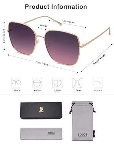 SOJOS Trendy Oversized Square Metal Frame Sunglasses for Women Men Retro Big Flat Lens UV Protection Sunglasses SJ1146 - color: Gold/Gradient Greyish-purple