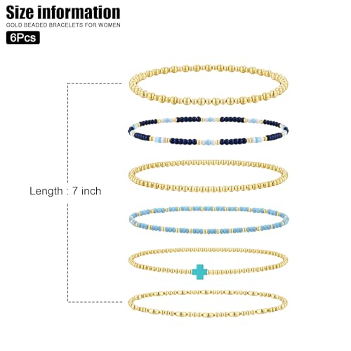 VIBILIA Gold Beaded Bracelets Set for Women 14K Gold Plated Dainty Pearl Cross Bracelet Stack Stretch Bracelet Set Fashion Accessories Gifts - color: 6P-#C-Blue