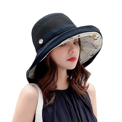 Women's-Mesh-Sun-Hats Wide-Brim Summer Beach Bucket Caps for Girls Outdoor-UV-Protection Foldable-Fishing-Hat Chin Strap - color: Black