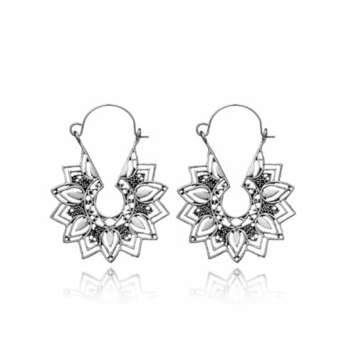 Boho Antique Carved Flower Dangle Drop Earrings for Women Vintage Retro Handmade Hollowed Antiqued Bronze Floral Shaped Geometric Gold Silver Plated Hoop Earrings for Ethnic Style Jewelry Gifts - color: Silver flower earring