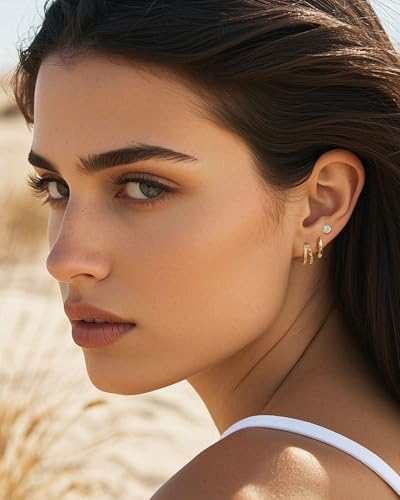 3 PairsTrendy Dainty Set Earrings- 14K Gold Plated Hoop Earrings for Women, Hypoallergenic Lightweight Stackable Jewelry Gift for Multiple Piercings - color: Three circles diamond