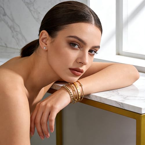 Alegend Titanium Steel (Not Rust, Resist Corruption, Easily Clean) 18K Gold Plated Single Bracelets + 14K Gold Plated Stackable Multilayer Bracelets - style: 14K Gold Plated Four-Layered A