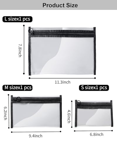Clear Makeup Bags, 3 Pack Small Cosmetic Toiletry Bags with Zipper, PVC Clear Travel Bags for Women and Men Travel Airport Organizing, Black