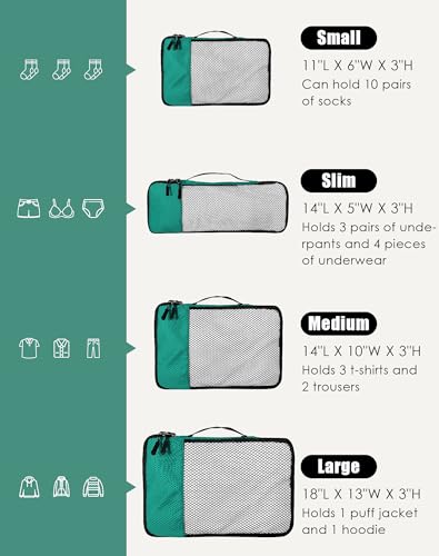 WTREE 4-Piece Packing Cubes Travel Accessories Set for Suitcases - Luggage Organizer Bags with Double Zipper - Mesh Top - Small/Medium/Large/Slim - Green - color: Green, size: Slim, Small, Medium, Large
