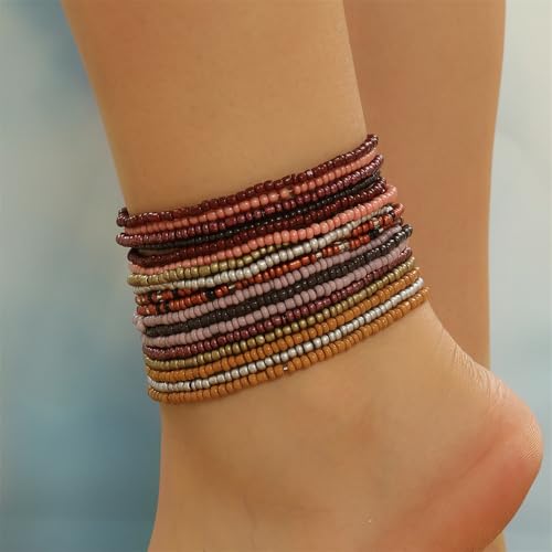 Fuqimanman2020 18Pcs Boho Stackable Beaded Bracelets for Women Colorful Handmade Multilayered Rice Beads Anklets Set Summer Beach Bohemian Jewelry Gift - color: Style 1 Brown