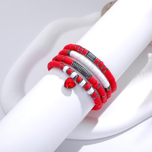 GOOJIDS Surfer Heishi Clay Bead Bracelets for Women Bohemian Stackable Gold Plated Beaded Stretch Bracelets Elastic Layering Friendship Bracelets Set Boho Jewelry - color: A-Red Heart Bracelet