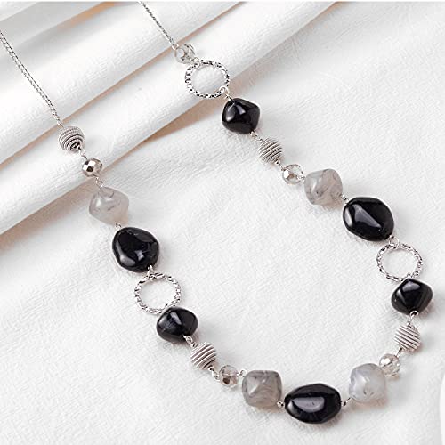 BULINLIN Beaded Long Necklace for Women Silver Sweater Chain Necklace with Crystal Resin Beads, Fashion Jewelry Necklace - color: 53-Black and grey