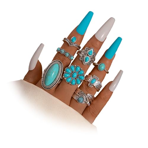 Bohemian Joint Knuckle Rings Set for Women,Vintage Boho Turquoise Stackable Rings Chunky Retro Turquoise Midi Finger Ring Statement Western Jewelry - style: Style B