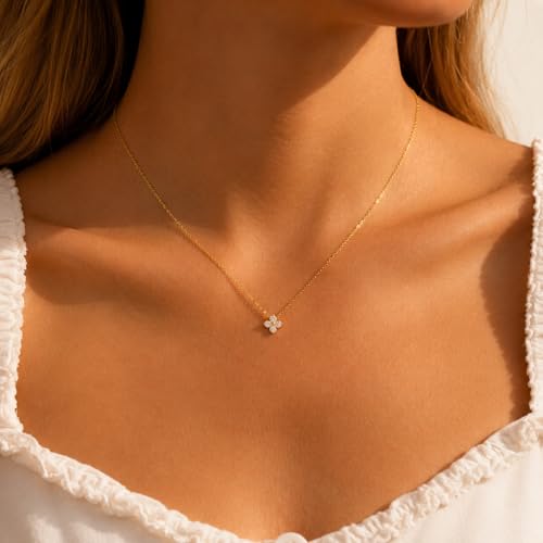 Dainty Gold Necklaces for Women Trendy Non Tarnish 14K Gold Plated Cubic Zirconia Necklace Layered Simple Cute Four Leaf Clover Choker Jewelry Birthday Gifts - color: Gold, style: Cable CZ-2