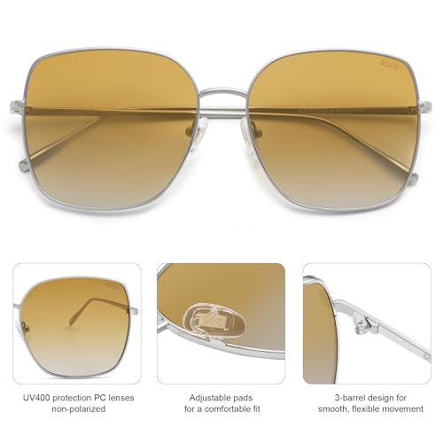 SOJOS Trendy Oversized Square Metal Frame Sunglasses for Women Men Retro Big Flat Lens UV Protection Sunglasses SJ1146 - color: Light Gun/Gradient Yellowish-brown