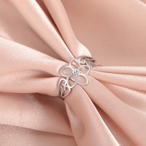 TEAMER Bohemian Hollow Flower Ring Stainless Steel Rhinestone Flower Ring Wedding Band Ring Exquisite Jewelry for Women - color: Silver - Flower With Rhinestone